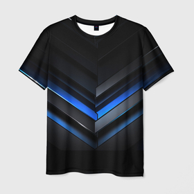 Мужская футболка 3D с принтом Синее  неоновое   свечение  геометрическая   темная  абстракция в Кировске, 100% полиэфир | прямой крой, круглый вырез горловины, длина до линии бедер | 