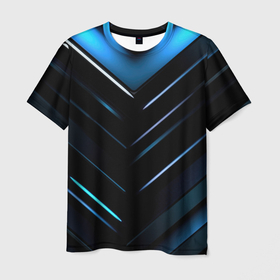 Мужская футболка 3D с принтом Синее  неоновое    свечение  геометрическая   темная  абстракция в Белгороде, 100% полиэфир | прямой крой, круглый вырез горловины, длина до линии бедер | 