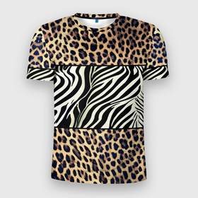 Мужская футболка 3D Slim с принтом Леопард с зеброй в Курске, 100% полиэстер с улучшенными характеристиками | приталенный силуэт, круглая горловина, широкие плечи, сужается к линии бедра | 
