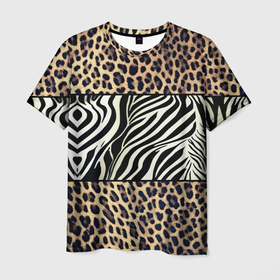Мужская футболка 3D с принтом Леопард с зеброй в Белгороде, 100% полиэфир | прямой крой, круглый вырез горловины, длина до линии бедер | Тематика изображения на принте: 