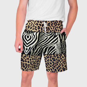 Мужские шорты 3D с принтом Леопард с зеброй в Тюмени,  полиэстер 100% | прямой крой, два кармана без застежек по бокам. Мягкая трикотажная резинка на поясе, внутри которой широкие завязки. Длина чуть выше колен | 