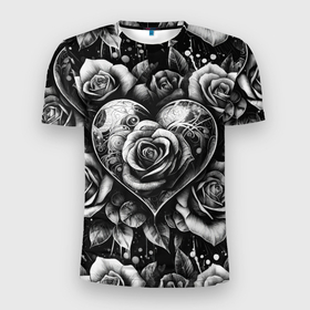 Мужская футболка 3D Slim с принтом Черно белое сердце и розы в Новосибирске, 100% полиэстер с улучшенными характеристиками | приталенный силуэт, круглая горловина, широкие плечи, сужается к линии бедра | 