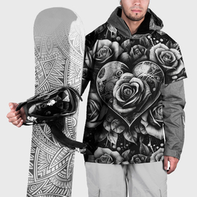 Накидка на куртку 3D с принтом Черно белое сердце и розы в Санкт-Петербурге, 100% полиэстер |  | Тематика изображения на принте: 