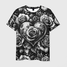 Мужская футболка 3D с принтом Черно белое сердце и розы в Курске, 100% полиэфир | прямой крой, круглый вырез горловины, длина до линии бедер | Тематика изображения на принте: 