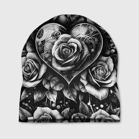 Шапка 3D с принтом Черно белое сердце и розы в Курске, 100% полиэстер | универсальный размер, печать по всей поверхности изделия | Тематика изображения на принте: 