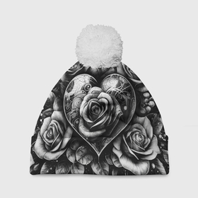 Шапка 3D c помпоном с принтом Черно белое сердце и розы в Курске, 100% полиэстер | универсальный размер, печать по всей поверхности изделия | Тематика изображения на принте: 