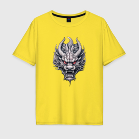 Мужская футболка хлопок Oversize с принтом Маска восточного дракона в Тюмени, 100% хлопок | свободный крой, круглый ворот, “спинка” длиннее передней части | Тематика изображения на принте: 