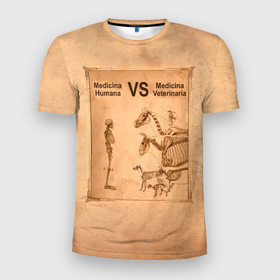 Мужская футболка 3D Slim с принтом Медицина против ветеринарии в Новосибирске, 100% полиэстер с улучшенными характеристиками | приталенный силуэт, круглая горловина, широкие плечи, сужается к линии бедра | 