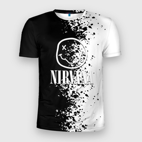 Мужская футболка 3D Slim с принтом Nirvana чернобелые краски рок в Екатеринбурге, 100% полиэстер с улучшенными характеристиками | приталенный силуэт, круглая горловина, широкие плечи, сужается к линии бедра | 