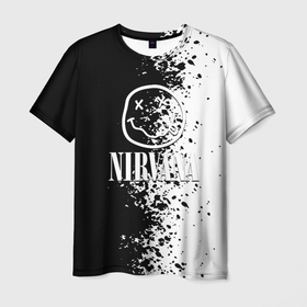 Мужская футболка 3D с принтом Nirvana чернобелые краски рок в Курске, 100% полиэфир | прямой крой, круглый вырез горловины, длина до линии бедер | 