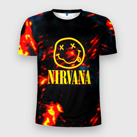 Мужская футболка 3D Slim с принтом Nirvana rock огненное лого лава в Петрозаводске, 100% полиэстер с улучшенными характеристиками | приталенный силуэт, круглая горловина, широкие плечи, сужается к линии бедра | Тематика изображения на принте: 