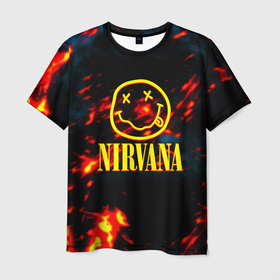 Мужская футболка 3D с принтом Nirvana rock огненное лого лава в Новосибирске, 100% полиэфир | прямой крой, круглый вырез горловины, длина до линии бедер | 