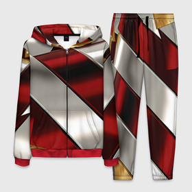 Мужской костюм 3D с принтом Красные белые и золотые полосы , 100% полиэстер | Манжеты и пояс оформлены тканевой резинкой, двухслойный капюшон со шнурком для регулировки, карманы спереди | 