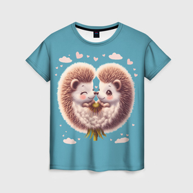 Женская футболка 3D с принтом Ежики одуванчики   сердце в Кировске, 100% полиэфир ( синтетическое хлопкоподобное полотно) | прямой крой, круглый вырез горловины, длина до линии бедер | 