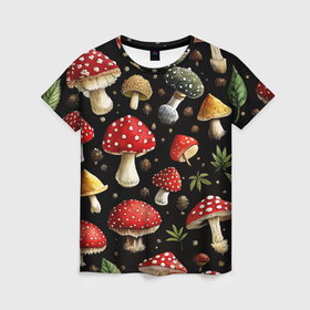 Женская футболка 3D с принтом Паттерн мухоморы поганки   лесные грибы в Белгороде, 100% полиэфир ( синтетическое хлопкоподобное полотно) | прямой крой, круглый вырез горловины, длина до линии бедер | 