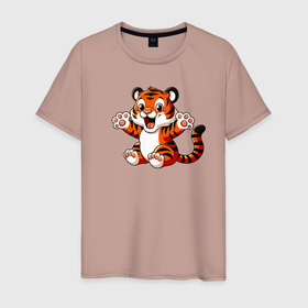 Мужская футболка хлопок с принтом Милый тигрёнок рад в Тюмени, 100% хлопок | прямой крой, круглый вырез горловины, длина до линии бедер, слегка спущенное плечо. | Тематика изображения на принте: 