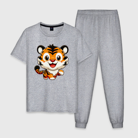 Мужская пижама хлопок с принтом Бегущий тигрёнок в Курске, 100% хлопок | брюки и футболка прямого кроя, без карманов, на брюках мягкая резинка на поясе и по низу штанин
 | 