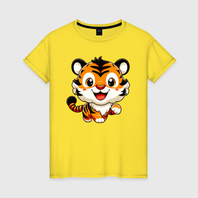 Женская футболка хлопок с принтом Бегущий тигрёнок в Новосибирске, 100% хлопок | прямой крой, круглый вырез горловины, длина до линии бедер, слегка спущенное плечо | 