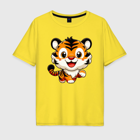 Мужская футболка хлопок Oversize с принтом Бегущий тигрёнок в Курске, 100% хлопок | свободный крой, круглый ворот, “спинка” длиннее передней части | 
