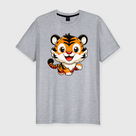 Мужская футболка хлопок Slim с принтом Бегущий тигрёнок в Кировске, 92% хлопок, 8% лайкра | приталенный силуэт, круглый вырез ворота, длина до линии бедра, короткий рукав | 