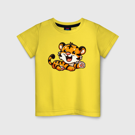 Детская футболка хлопок с принтом Лежащий тигрёнок в Кировске, 100% хлопок | круглый вырез горловины, полуприлегающий силуэт, длина до линии бедер | 