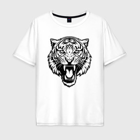 Мужская футболка хлопок Oversize с принтом Оскал чёрного тигра в Петрозаводске, 100% хлопок | свободный крой, круглый ворот, “спинка” длиннее передней части | 