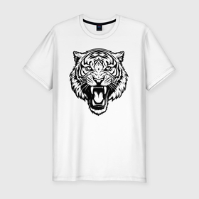 Мужская футболка хлопок Slim с принтом Оскал чёрного тигра в Екатеринбурге, 92% хлопок, 8% лайкра | приталенный силуэт, круглый вырез ворота, длина до линии бедра, короткий рукав | 