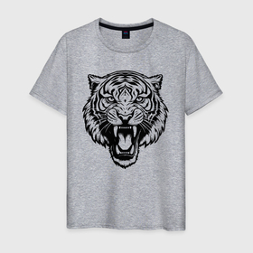 Мужская футболка хлопок с принтом Оскал чёрного тигра в Белгороде, 100% хлопок | прямой крой, круглый вырез горловины, длина до линии бедер, слегка спущенное плечо. | 