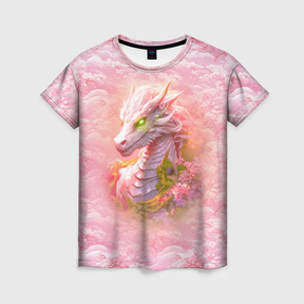 Женская футболка 3D с принтом Розовый дракон с цветами сакуры в Санкт-Петербурге, 100% полиэфир ( синтетическое хлопкоподобное полотно) | прямой крой, круглый вырез горловины, длина до линии бедер | 