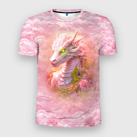 Мужская футболка 3D Slim с принтом Розовый дракон с цветами сакуры в Санкт-Петербурге, 100% полиэстер с улучшенными характеристиками | приталенный силуэт, круглая горловина, широкие плечи, сужается к линии бедра | 