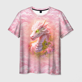 Мужская футболка 3D с принтом Розовый дракон с цветами сакуры в Белгороде, 100% полиэфир | прямой крой, круглый вырез горловины, длина до линии бедер | Тематика изображения на принте: 