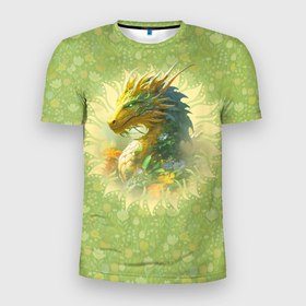 Мужская футболка 3D Slim с принтом Зеленый дракон на цветочной поляне в Новосибирске, 100% полиэстер с улучшенными характеристиками | приталенный силуэт, круглая горловина, широкие плечи, сужается к линии бедра | 