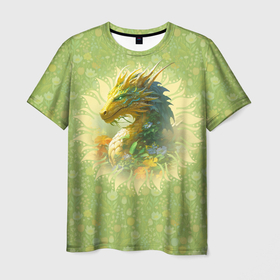 Мужская футболка 3D с принтом Зеленый дракон на цветочной поляне в Петрозаводске, 100% полиэфир | прямой крой, круглый вырез горловины, длина до линии бедер | Тематика изображения на принте: 