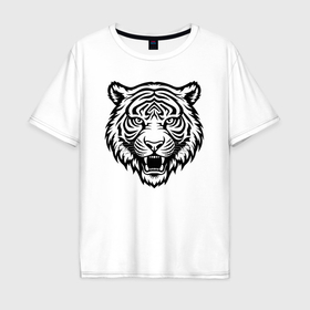 Мужская футболка хлопок Oversize с принтом Голова тигра с оскалом в Новосибирске, 100% хлопок | свободный крой, круглый ворот, “спинка” длиннее передней части | 