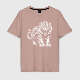 Мужская футболка хлопок Oversize с принтом Белый тигр с оскалом , 100% хлопок | свободный крой, круглый ворот, “спинка” длиннее передней части | Тематика изображения на принте: 