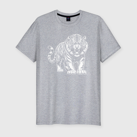 Мужская футболка хлопок Slim с принтом Белый тигр с оскалом в Екатеринбурге, 92% хлопок, 8% лайкра | приталенный силуэт, круглый вырез ворота, длина до линии бедра, короткий рукав | 