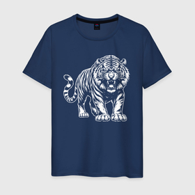 Мужская футболка хлопок с принтом Белый тигр с оскалом в Белгороде, 100% хлопок | прямой крой, круглый вырез горловины, длина до линии бедер, слегка спущенное плечо. | 