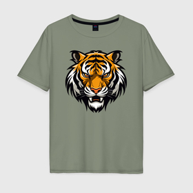 Мужская футболка хлопок Oversize с принтом Морда взрослого тигра в Тюмени, 100% хлопок | свободный крой, круглый ворот, “спинка” длиннее передней части | Тематика изображения на принте: 