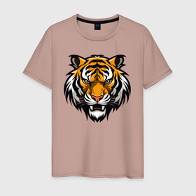 Мужская футболка хлопок с принтом Морда взрослого тигра в Курске, 100% хлопок | прямой крой, круглый вырез горловины, длина до линии бедер, слегка спущенное плечо. | Тематика изображения на принте: 