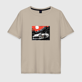 Мужская футболка хлопок Oversize с принтом Тойота Супра в горах в алом закате в Екатеринбурге, 100% хлопок | свободный крой, круглый ворот, “спинка” длиннее передней части | Тематика изображения на принте: 