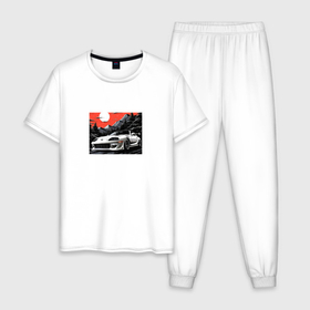 Мужская пижама хлопок с принтом Тойота Супра в горах в алом закате , 100% хлопок | брюки и футболка прямого кроя, без карманов, на брюках мягкая резинка на поясе и по низу штанин
 | 