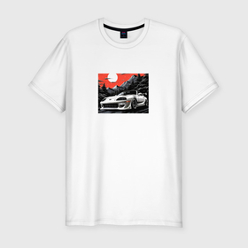 Мужская футболка хлопок Slim с принтом Тойота Супра в горах в алом закате в Новосибирске, 92% хлопок, 8% лайкра | приталенный силуэт, круглый вырез ворота, длина до линии бедра, короткий рукав | Тематика изображения на принте: 