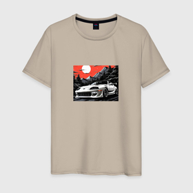 Мужская футболка хлопок с принтом Тойота Супра в горах в алом закате в Екатеринбурге, 100% хлопок | прямой крой, круглый вырез горловины, длина до линии бедер, слегка спущенное плечо. | Тематика изображения на принте: 