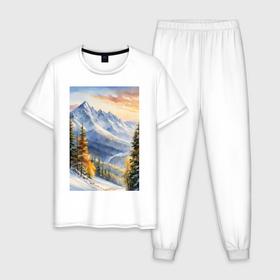 Мужская пижама хлопок с принтом Акварельный зимний пейзаж в Курске, 100% хлопок | брюки и футболка прямого кроя, без карманов, на брюках мягкая резинка на поясе и по низу штанин
 | 