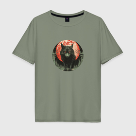 Мужская футболка хлопок Oversize с принтом Злой волк в кровавом закате в Петрозаводске, 100% хлопок | свободный крой, круглый ворот, “спинка” длиннее передней части | Тематика изображения на принте: 