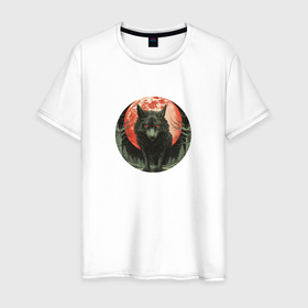 Мужская футболка хлопок с принтом Злой волк в кровавом закате в Петрозаводске, 100% хлопок | прямой крой, круглый вырез горловины, длина до линии бедер, слегка спущенное плечо. | Тематика изображения на принте: 