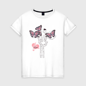 Женская футболка хлопок с принтом Бабочки и жираф в Белгороде, 100% хлопок | прямой крой, круглый вырез горловины, длина до линии бедер, слегка спущенное плечо | 
