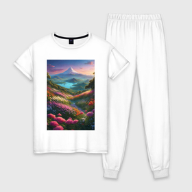 Женская пижама хлопок с принтом Летний пейзаж   горы, цветы и озеро в Екатеринбурге, 100% хлопок | брюки и футболка прямого кроя, без карманов, на брюках мягкая резинка на поясе и по низу штанин | 
