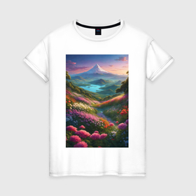 Женская футболка хлопок с принтом Летний пейзаж   горы, цветы и озеро в Екатеринбурге, 100% хлопок | прямой крой, круглый вырез горловины, длина до линии бедер, слегка спущенное плечо | 