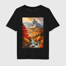 Мужская футболка хлопок Oversize с принтом Осенний пейзаж с горной рекой в Кировске, 100% хлопок | свободный крой, круглый ворот, “спинка” длиннее передней части | Тематика изображения на принте: 
